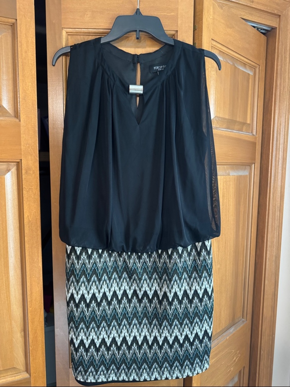 Perceptions Black Top Mixed-Print Mini Dress